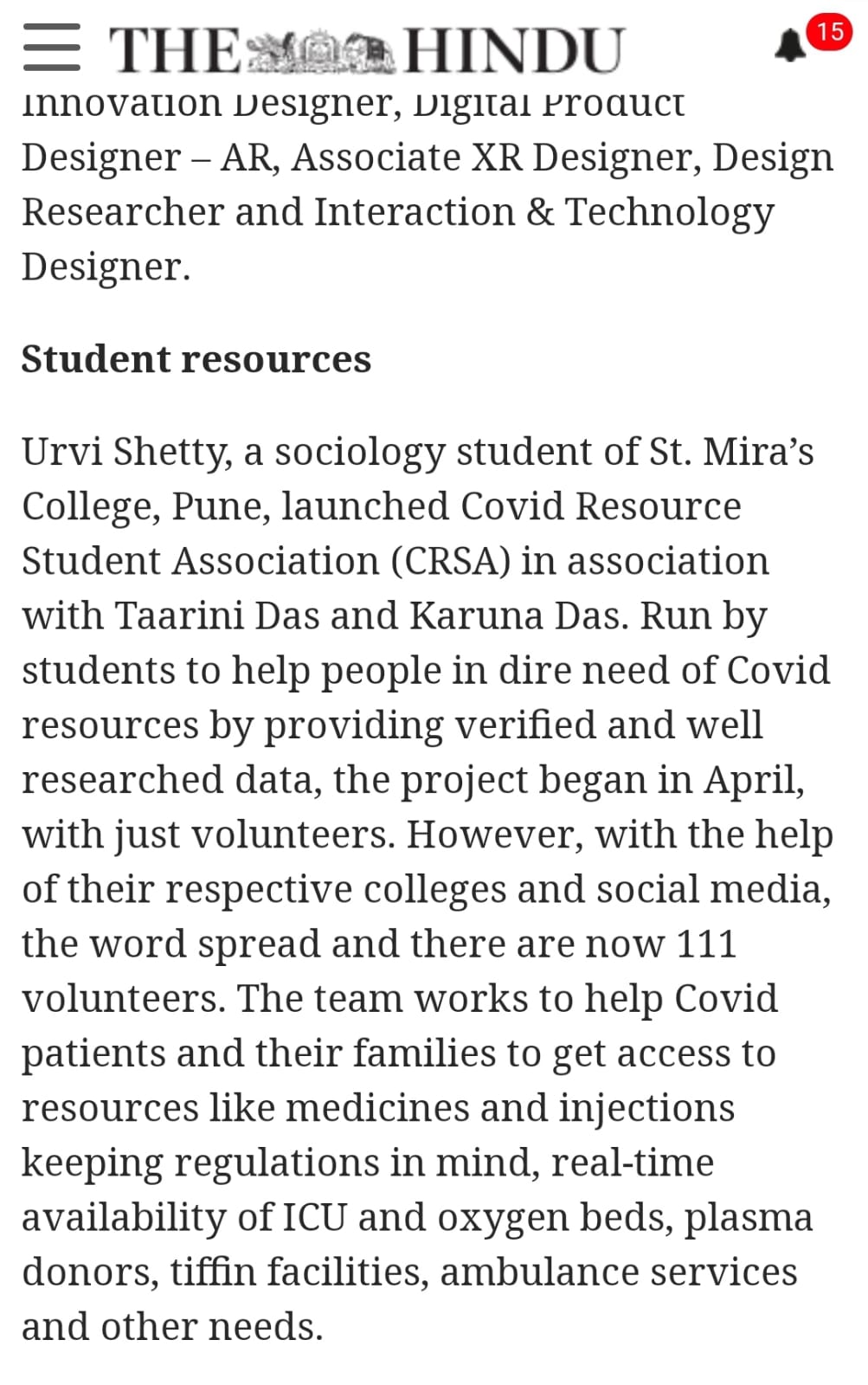 CRSA News in The Hindu Newspaper