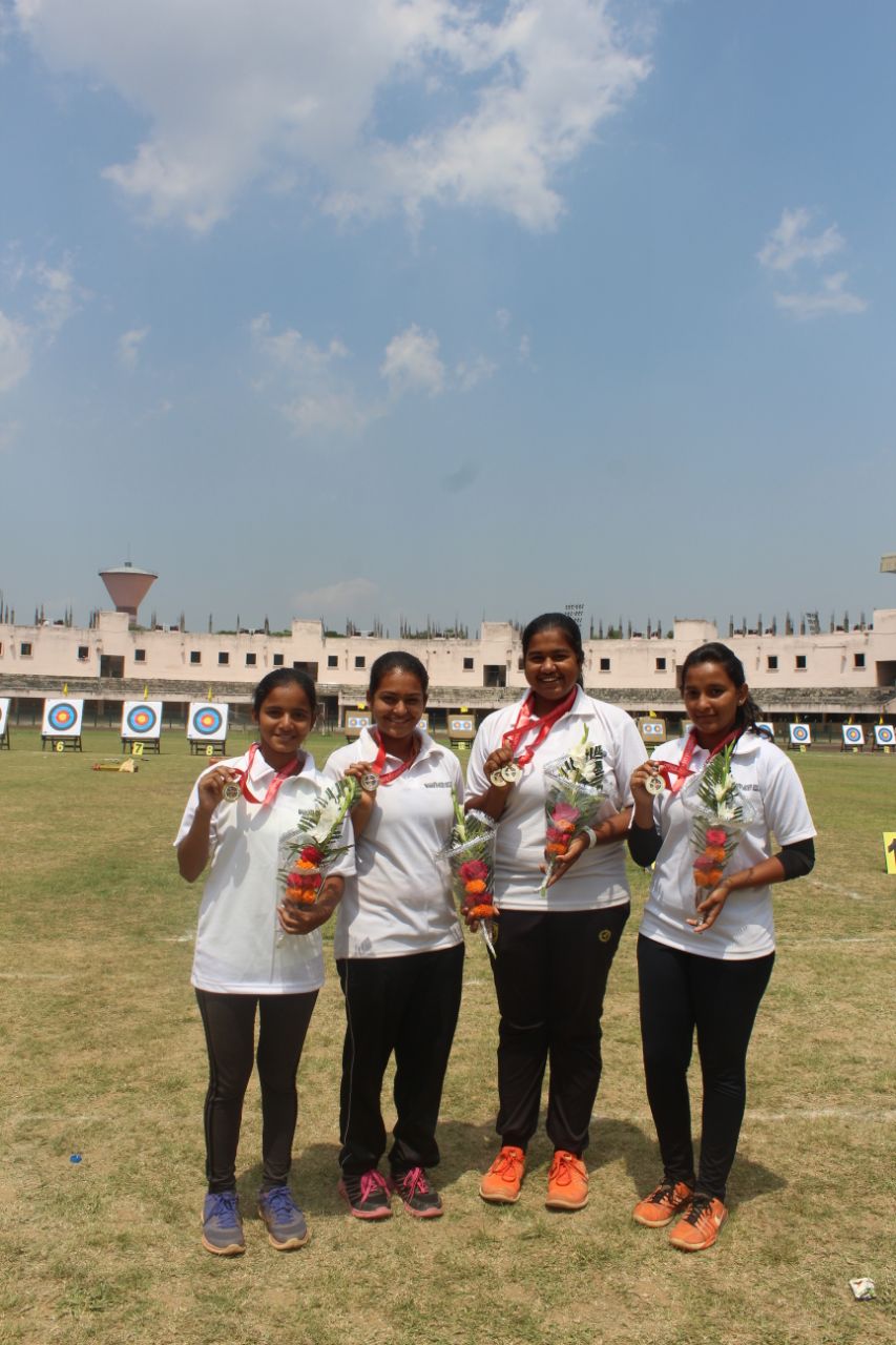 Disha Oswal (XII Com) with Maharashtra team at 63 rd National School Games Archery Championship held from 1 st to 5 th Dec.2017 held at Gujrat