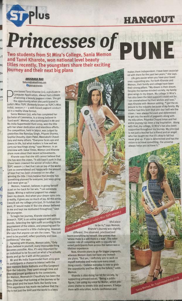 Two students from St. Mira's College, Sania Memon and Tanvi Kharote, won national level beauty titles.