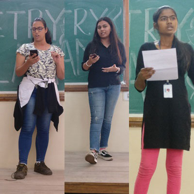 Winning Performers at the Poetry Slam. From Left- Friyana Munshi (First Prize), Mayuri Makwana (Second Prize), Priyanka Chaurasia (Third Prize)