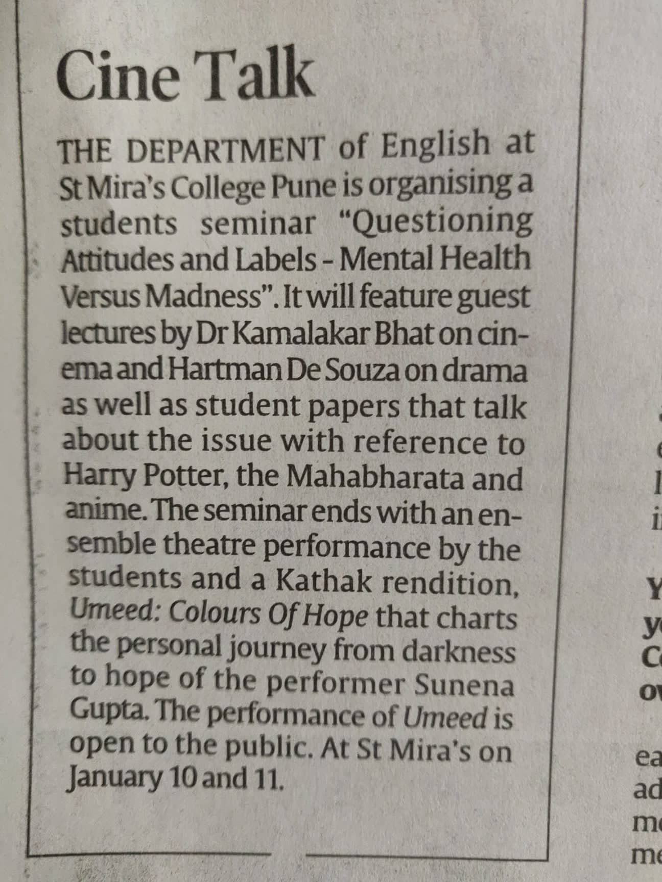 Press Report in the Indian Express dated Friday 10th January on the Dept of English Seminar 2